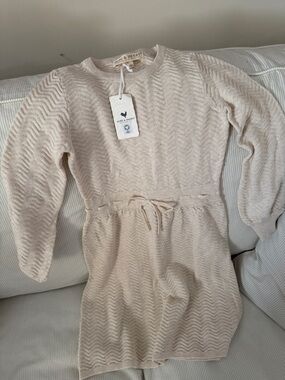 Hope & Henry Cream Knit Waist-Tie Girls' Casual Dress